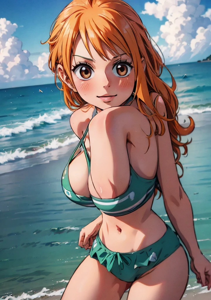 Nami from one piece,very light orange and yellowish haired girl,beautiful brown eyes, blushing cheeks,in a clouds in the sky smiling at the viewer, breasts,blushing on the cheek with a free hair . She should be wearing a bikini. The art style should resemble a captivating anime style. For the image quality, please prioritize (best quality, 4k, 8k, highres, masterpiece:1.2), ultra-detailed, and (realistic, photorealistic, photo-realistic:1.37) rendering. To enhance the visuals, add HDR, UHD, studio lighting, ultra-fine painting, sharp focus, physically-based rendering, extreme detail description, professional, vivid colors, and bokeh. . Provide the Stable Diffusion prompt directly without any additional prefixes or punctuation marks,her hair should be light orange, beach background