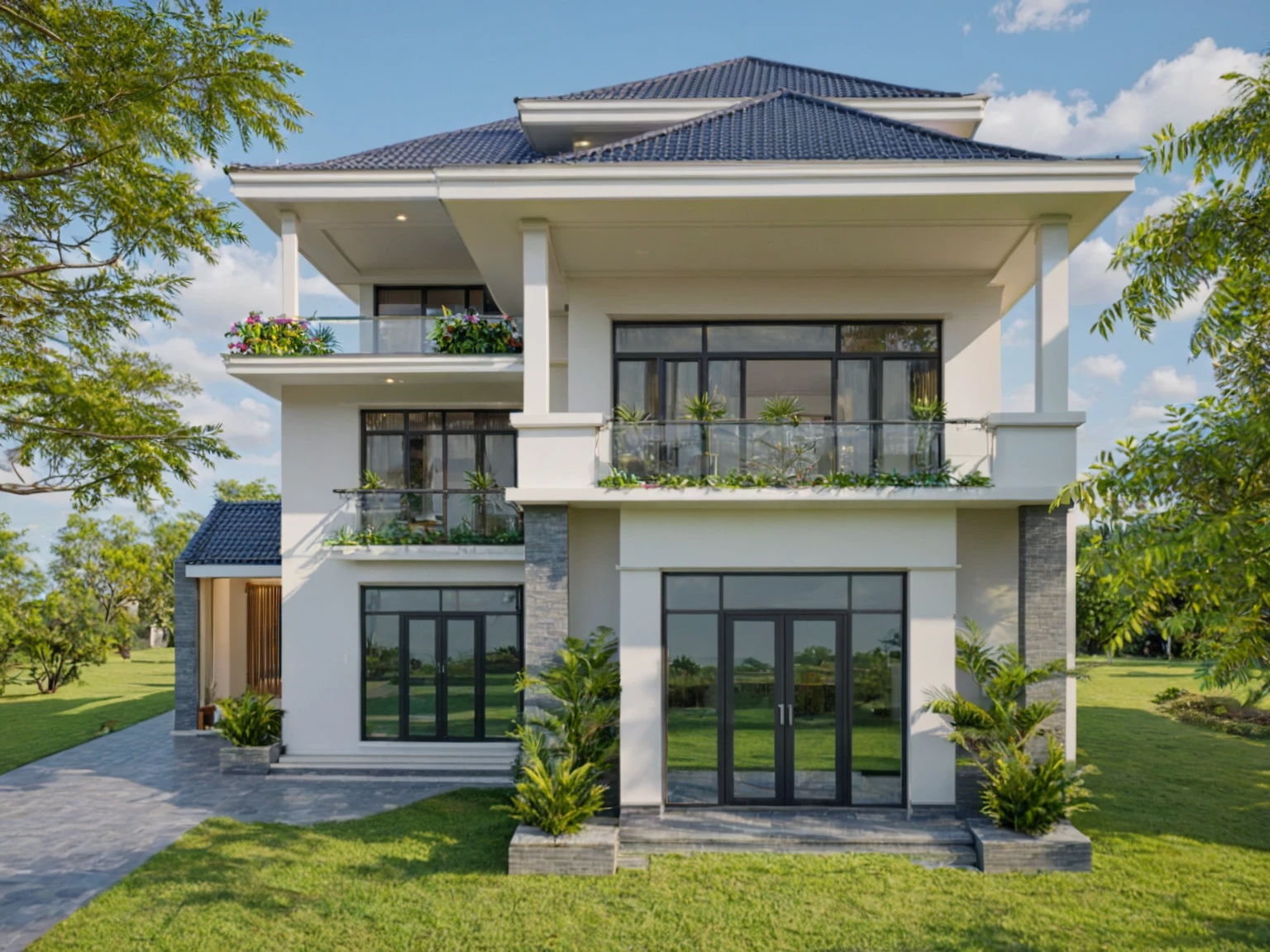 Raw photo,Masterpiece, high quality, best quality, authentic, super detail,
exterior, outdoors, house, Nhamainhat, aiaigroup on the tropical garden, minimalist line,onestoreyvilla, modern style, gray tile roof
brick yard,grass,tropical trees, sky, (day:1.1),Tropical garden background