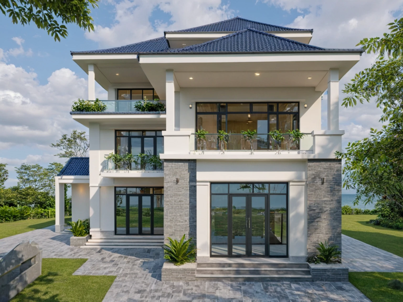 Raw photo,Masterpiece, high quality, best quality, authentic, super detail,
exterior, outdoors, house, Nhamainhat, aiaigroup on the tropical garden, minimalist line,onestoreyvilla, modern style, gray tile roof
brick yard,grass,tropical trees, sky, (day:1.1),Tropical garden background