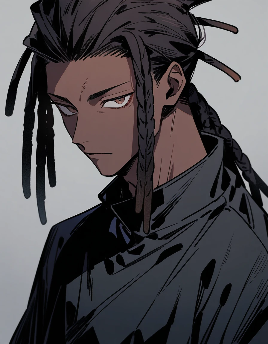 (1boy,jujutsu kaisen) solo, (black jacket), (brown skin color), messy look, black hair, ((dreadlock hairstyle)), brown eyes, masterpiece, best quality, high quality, upper body, male focus, eye bags