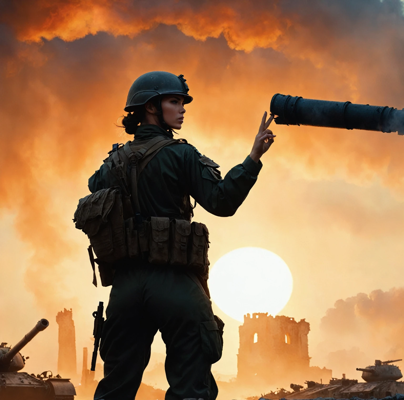 (A female soldier raised her hand to touch something,Background is the ruins of the city,Under the sunset:1.5)painting masterpiece, Extremely detailed, Black White Dark Steel Dark Blue Black Light Brown Dark Brown White Light Orange Dark Red Dark Green, Dramatic Lighting, evening, High contrast, steam, FOG, Israeli soldiers fighting with tanks on the battlefield, Movie Lighting, Aspect ratio of 16:9, steam, 4K, professional ominous Concept Art, author:artgerm and greg rutkowski, complex, elegant, Highly detailed digital painting, Concept Art, Smooth, Clear focus, illustration, Simon Starenhagen's style, Wayne Barlow, 和 igor kieryluk., Acrylic painting, Popular in pixiv Fan Box, Palette knife and brush strokes, Makoto Shinkai's styleJamie WiseJames GirardEdward HopperGreg RutkowskiStudio GhibliGenshin Impact