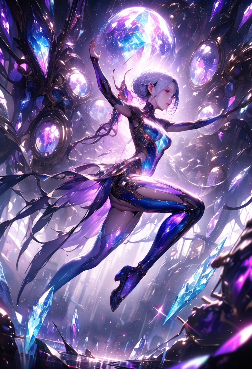 crystal covered, (Full body :1.3) side shot, alternate color, masterpiece, detailed illustration, realistic, pixiv top quality, exquisite, {{{kawaii 1girl}}}, ultra beauties who fuse with machines, glitter beautiful female, Half of my body is made of machines, transparent glass body, The machines inside the body are transparent, cinematic lighting, dynamic angle, dynamic pose, crystal world, depth of field,Shiny socks,shiny shoes,Crystal stockings