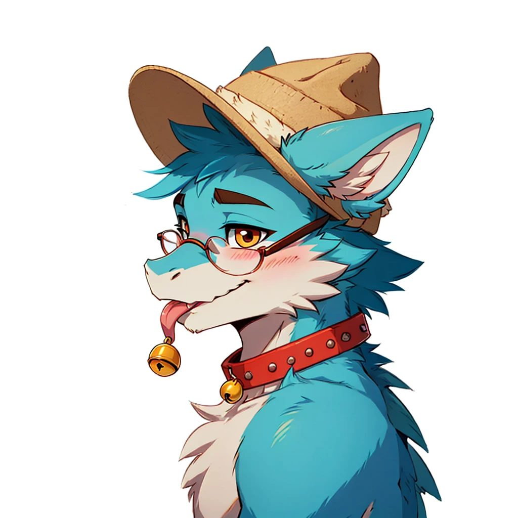 ((best quality)), ((masterpiece)), furry, furry art, dragon, scalie, furred dragon, cyan fur, white fur, solo, slim, perfect proportions, masculine, cute, fluffy, large neck fur, small blue cat bell collar, yellow fisherman's hat, round eyeglasses, smirk, blush, side view , headshot, portrait, short snout, tongue sticking out