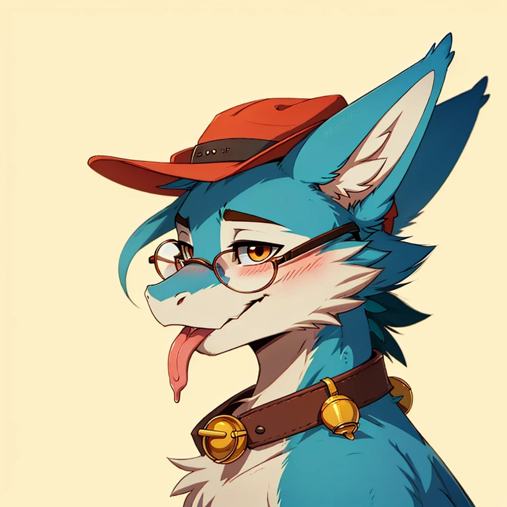 ((best quality)), ((masterpiece)), furry, furry art, dragon, scalie, furred dragon, cyan fur, white fur, solo, slim, perfect proportions, masculine, cute, fluffy, large neck fur, small blue cat bell collar, yellow fisherman's hat, round eyeglasses, smirk, blush, side view , headshot, portrait, short snout, tongue sticking out