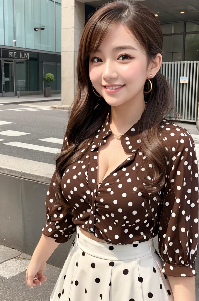 1woman, idol, ponytail, brown hair, street、20-year-old、Flared sleeve blouse、Open three blouse buttons、Cleavage、Polka dot flare mini skirt、Body type: Chubby、smile