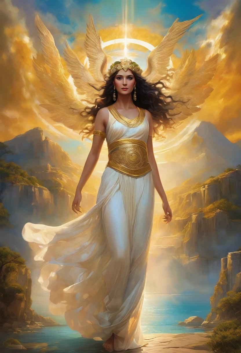 "Imagine an AI-generated artwork of a mythical Greek goddess. Imagine her draped in ethereal robes adorned with symbols of classical antiquity., embodying divine grace and beauty. Surround her with an aura of heavenly light., with a backdrop reminiscent of ancient Greek landscapes, combining its contemporary charm with the timeless elegance of Greek mythology. Use a harmonious color palette that reflects both the richness of your heritage and the allure of a mythological kingdom.. The final image should be a visual ode to her as a modern goddess., Seamlessly fusing the worlds of cinema and ancient mythology.."