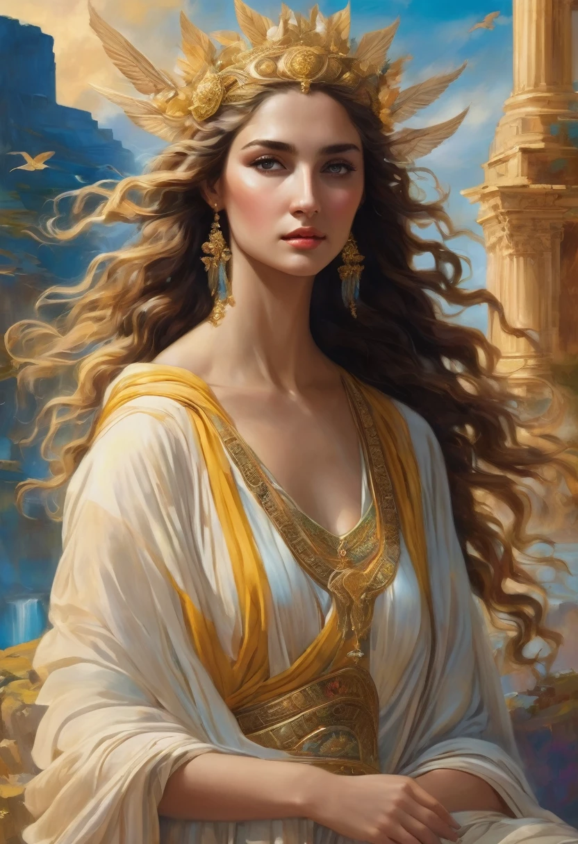"Imagine an AI-generated artwork of a mythical Greek goddess. Imagine her draped in ethereal robes adorned with symbols of classical antiquity., embodying divine grace and beauty. Surround her with an aura of heavenly light., with a backdrop reminiscent of ancient Greek landscapes, combining its contemporary charm with the timeless elegance of Greek mythology. Use a harmonious color palette that reflects both the richness of your heritage and the allure of a mythological kingdom.. The final image should be a visual ode to her as a modern goddess., Seamlessly fusing the worlds of cinema and ancient mythology.."