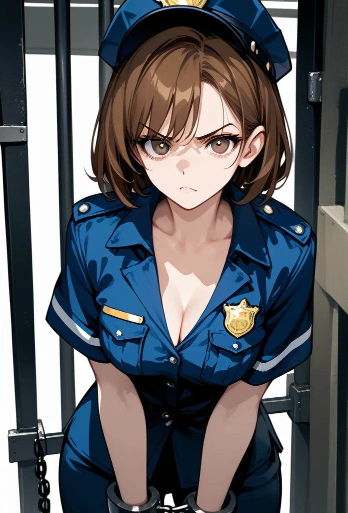 masterpiece, best quality, mature woman, mature face, bob hairstyle, brunette hair, mature face, hot face, sharp eyes, medium breasts, curvy body, hazel eyes, police outfit, looking at viewer, tough appearance, prison cell, jail cell, (looking serious), pissed off face, glaring eyes, angry expression, (chained up, restrained)