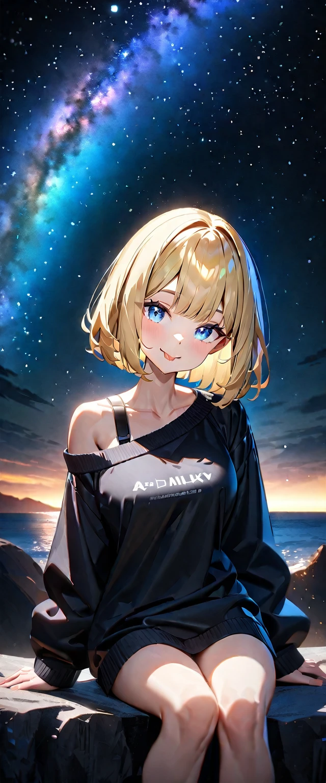 ((stick out tongue)), ((off-shoulder sweater:1.3, Quite thick shoulder straps)), ((black sweater)), ((Aran sweater)), (((bare legs))), from side, ((((upper body)))), ((Leaning to side)), (((a beautiful starry sky, the Milky Way shining beautifully in the night))), ((sitting on the very high cliff)), wavy hair, inward curled hair, sea, ((blond hair, bob cut:1.3)), breasts, ager, (looking at viewer), oversized clothes, puffy long sleeves, collarbone, head tilt:1.3, (((blue eyes))), happy smile, (((anime style))), (best quality, 4K, 8K, highres, masterpiece:1.2, ultra-detailed, ultra-detailed eyes, HDR, uhd, studio lighting, ultra-fine painting, sharp focus, physically-based rendering, extreme detail description, professional, vivid colors, bokeh)