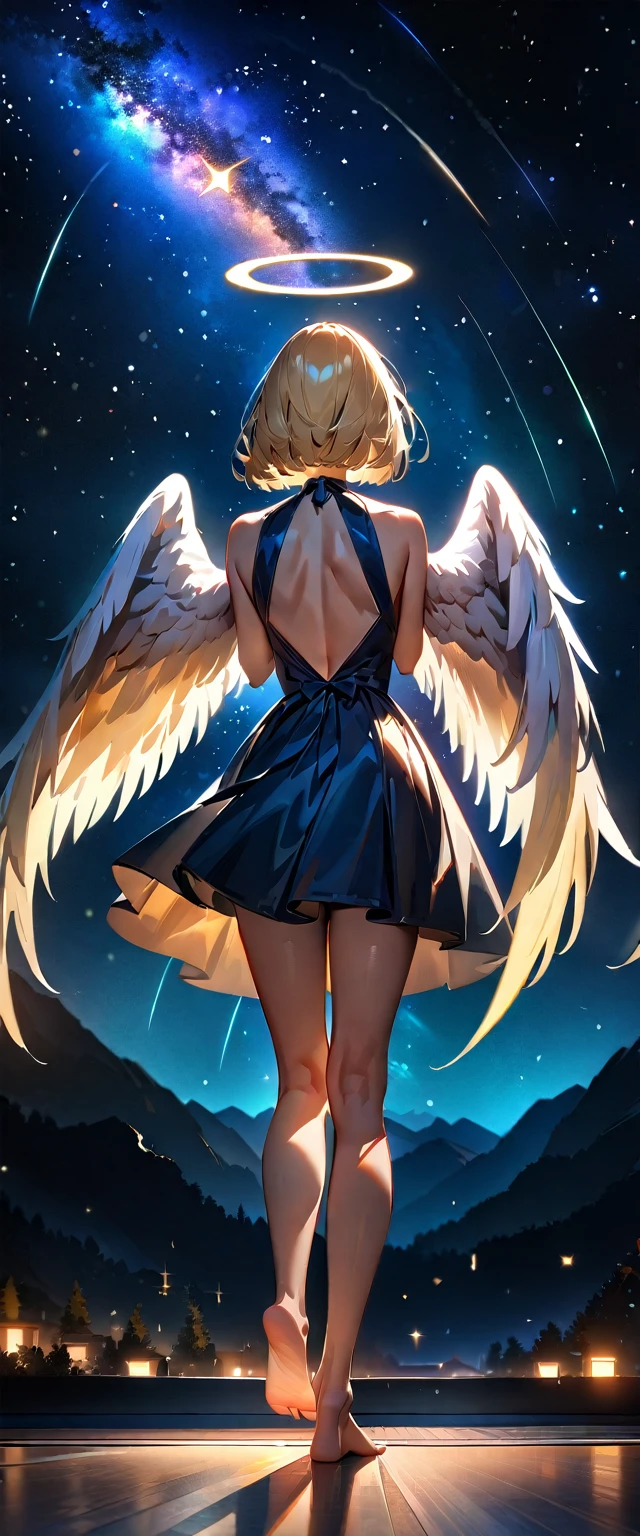 (((A meteor shower dancing in the night sky, countless stars twinkling in the clear air, a beautiful starry sky, the Milky Way shining beautifully in the night))), flying, (((with big angel wings on back))), halo, backless dress, looking up, mountain, wide shot, back shot, a girl, bob cut, bare legs, bare foot, blond hair, (best quality, 4K, 8K, highres, masterpiece:1.2, ultra-detailed, HDR, uhd, studio lighting, ultra-fine painting, sharp focus, physically-based rendering, extreme detail description, professional, vivid colors, bokeh)