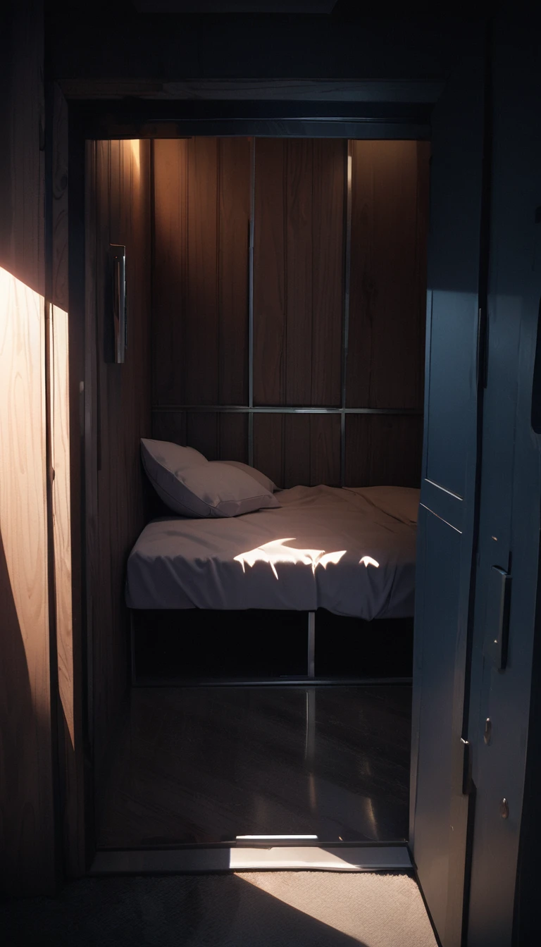 (8K, RAW photos, best quality, masterpiece: 1.4), (((5 square meters of secret room)),Ultra-high resolution, Extremely detailed, Dim Lights, Close-up of shelf, High-quality shadows, Natural Lighting, (White highlights:1.2), night, cloudy day, (A one-meter-wide bed:1.2), (Metal walls all around:1.2)