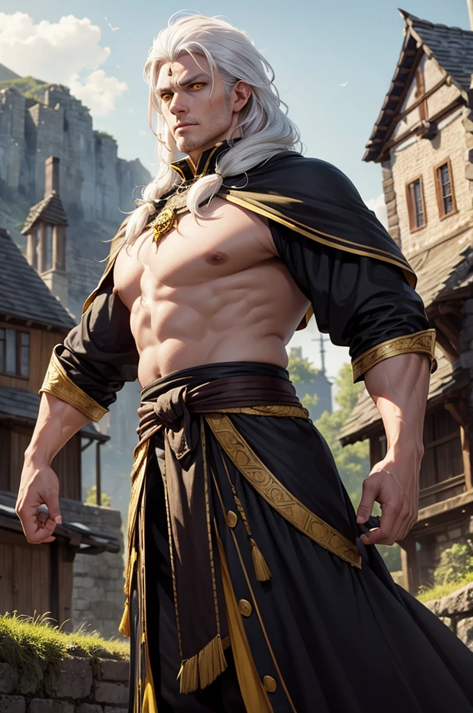 Man, 30 years,white hair, yellow eyes, warrior witch costume, Imposing, two meters, Village background.