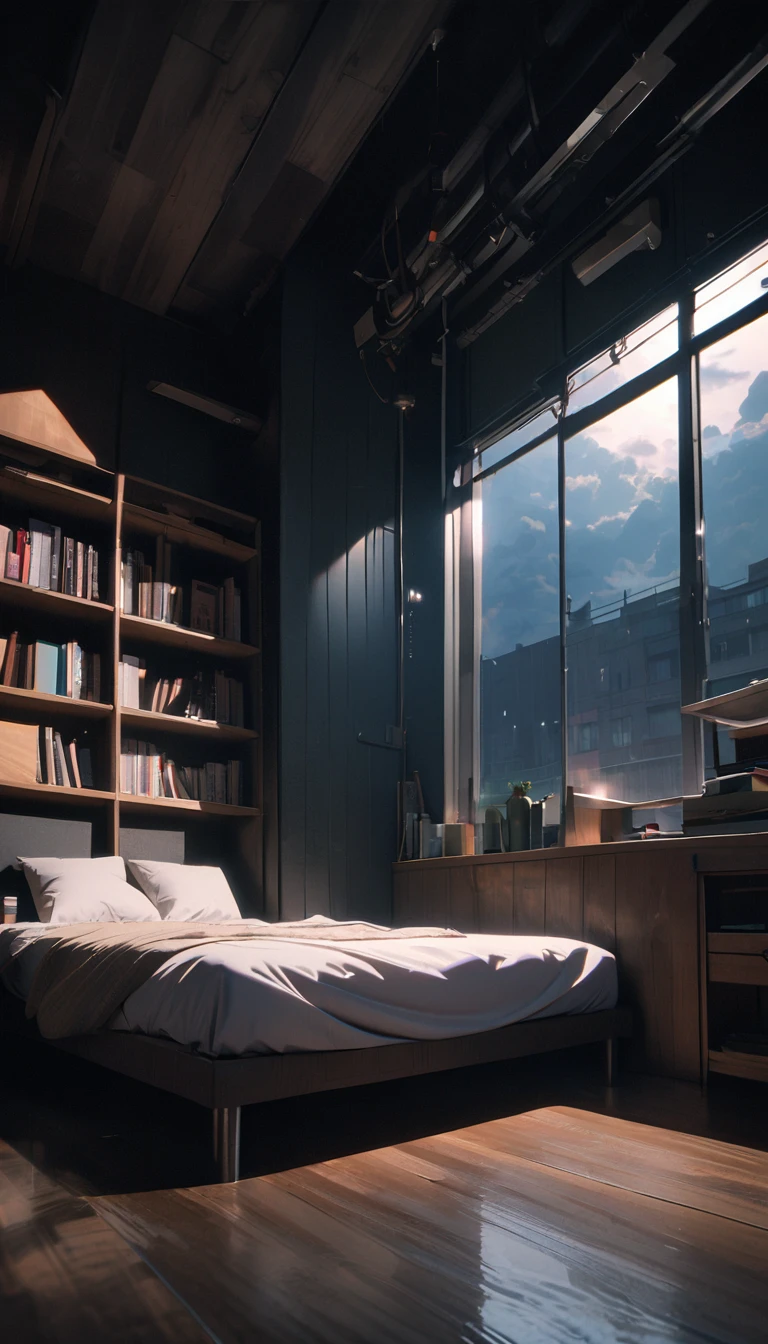 (8K, RAW photos, best quality, masterpiece: 1.4), (((5 square meters of secret room))，Ultra-high resolution, Extremely detailed, Dim Lights, Close-up of shelf, High-quality shadows, Natural Lighting, (White highlights:1.2), night, cloudy day, (A one-meter-wide bed:1.2), (Metal walls all around:1.2)