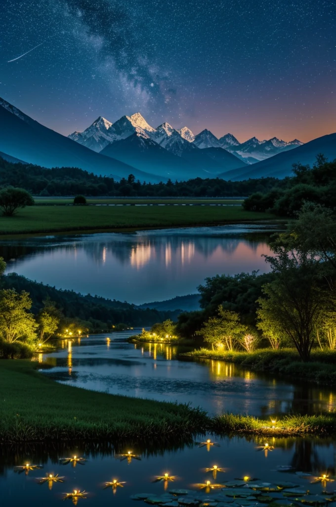Night landscape with mountains in the background, in the foreground there is a river with water lilies and fireflies
