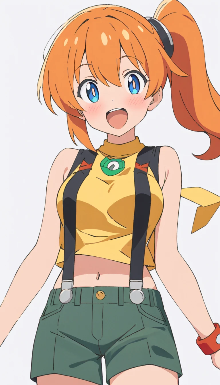 score_9, score_8_up, score_7_up, score_6_up, score_5_up, zPDXL2, max detail, 4k wallpaper, masterpiece, best quality, absurdres, highres, source_anime, PokemonStyle, pokemon \(anime\), pokemon \(classic anime\), flat color,
1girl, solo, misty (pokemon), open mouth, orange hair, blue eyes, upper body, suspenders, side ponytail, breasts, teeth, blush, outline, shirt, short hair, yellow shirt,navel,shorts,white background, simple background, sleeveless, bangs, looking to the front, upper teeth only, bright pupils, bare shoulders, sleeveless shirt, tongue