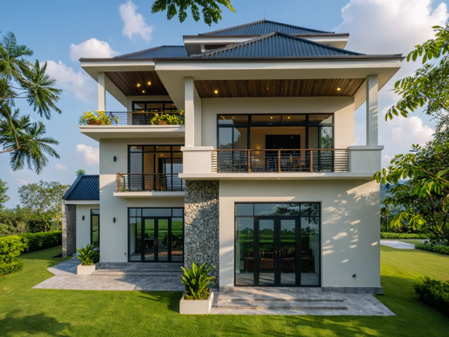 Picture a modern countryside villa exterior in Vietnam, featuring a sloped roof, ((stone)), traditional Vietnamese elements, a spacious courtyard with expansive green lawns, and tropical trees, surrounded by a lively morning atmosphere filled with genuine sunlight, Photography, use a wide-angle lens on a professional-grade camera to capture the authenticity of the scene, RAW photo, (high detailed skin:1.2), 8k UHD, DSLR, soft lighting, high quality, film grain, Fujifilm XT3 A traditional Vietnamese single-story villa exterior, sloping roof, black roofing, white walls adorned with wood and stone accents, serene design, masterpiece, best quality, clear sky, cloud, (nature light), (daylight:1.2)
