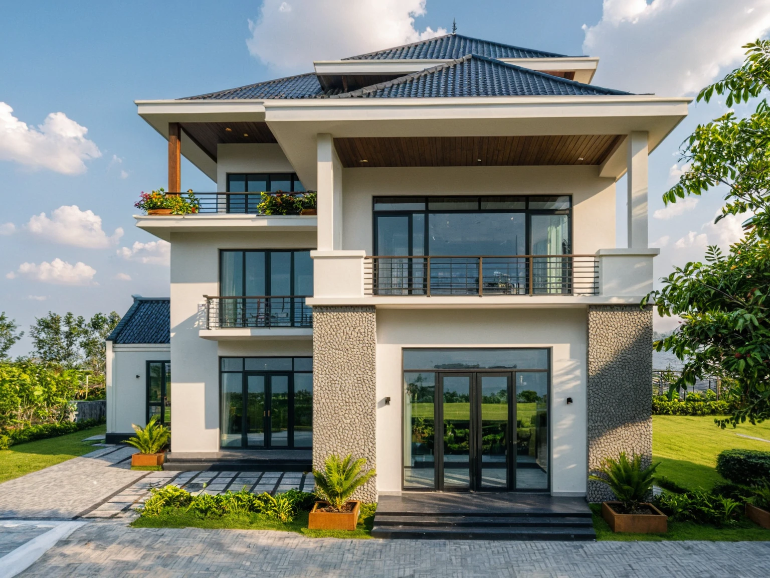 Picture a modern countryside villa exterior in Vietnam, featuring a sloped roof, ((stone)), traditional Vietnamese elements, a spacious courtyard with expansive green lawns, and tropical trees, surrounded by a lively morning atmosphere filled with genuine sunlight, Photography, use a wide-angle lens on a professional-grade camera to capture the authenticity of the scene, RAW photo,  (high detailed skin:1.2), 8k UHD, DSLR, soft lighting, high quality, film grain, Fujifilm XT3 A traditional Vietnamese single-story villa exterior, sloping roof, black roofing, white walls adorned with wood and stone accents, serene design, masterpiece, best quality, clear sky, cloud, (nature light), (daylight:1.2)