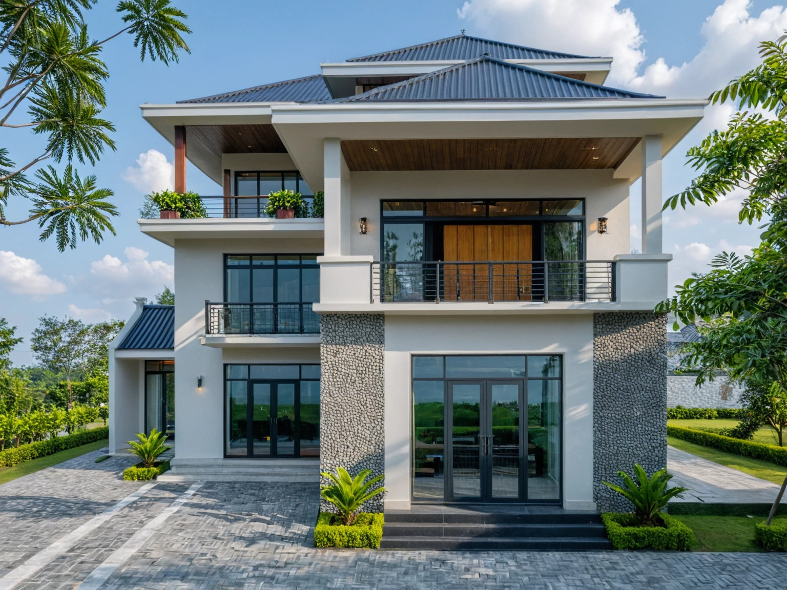 Picture a modern countryside villa exterior in Vietnam, featuring a sloped roof, ((stone)), traditional Vietnamese elements, a spacious courtyard with expansive green lawns, and tropical trees, surrounded by a lively morning atmosphere filled with genuine sunlight, Photography, use a wide-angle lens on a professional-grade camera to capture the authenticity of the scene, RAW photo, (high detailed skin:1.2), 8k UHD, DSLR, soft lighting, high quality, film grain, Fujifilm XT3 A traditional Vietnamese single-story villa exterior, sloping roof, black roofing, white walls adorned with wood and stone accents, serene design, masterpiece, best quality, clear sky, cloud, (nature light), (daylight:1.2)