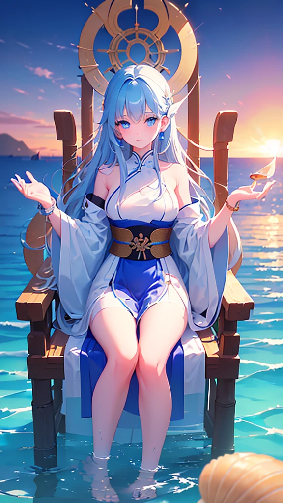 Name: Namiako
Element: AQUASCEND
Description: The Serene Tidecaller. A wise and patient mage, who commands the ebb and flow of waters. Namiako is revered by seaside villages for her calming presence and miraculous healing abilities.
Prompt: ((((Majestic, La plus grande qualité, ultrahaute résolution)))), 1girl, serene, sitting, (long, wavy blue hair:1), long hair with seashell accessory, pale complexion, ((bright blue eyes, with glowing tears effect:1)), (((ultra detailed eyes:0.7, beautiful and detailed face, detailed eyes:0.9))), ((three-quarter shot, sitting in a bamboo chair by the sea))), medium breasts, gazing into the distance, ((opened palm, calming expression)), (((head, shoulders, and legs in view, with a seashell bracelet))), wearing traditional Japanese mage robe, holding a fan, ((refined and elegant posture))), ((sunset by the sea, calm water, and seagulls flying:0.9)), medium build, 35 years old, ((wearing earrings shaped like waves)), cool tone, calming aura, high contrast