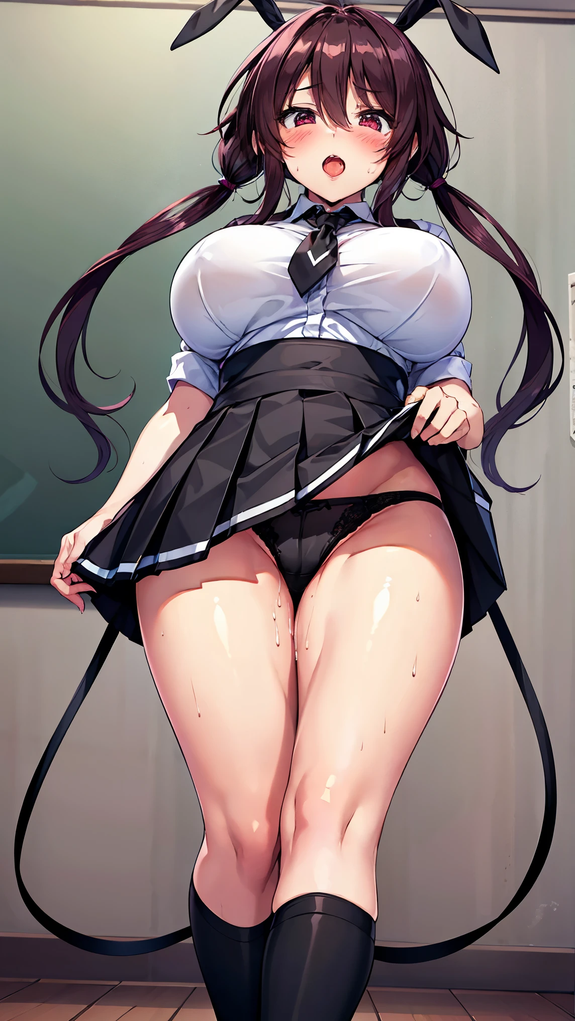 Highest quality,masterpiece,8K,1girl,((,big breasts,litt)),((orgasm,blush,:1.3)),((long hair,low twintails)),hair ribbon,sweat,Shiranui Mizuki,((school uniform,white shirt,black skirt,Miniskirt,lift skirt,upskirt,black panties,lace panties)),black thighhighs,classroom,((((walking))))
