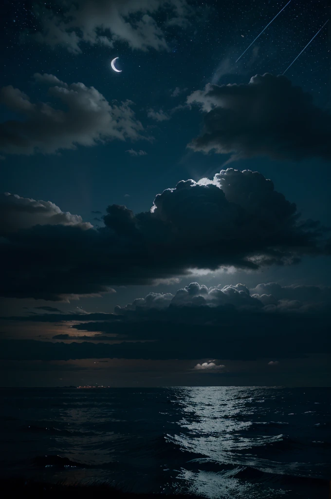 neon light art, in the dark of night,  moonlit seas, clouds, moon, stars, colorful, detailed, 4k