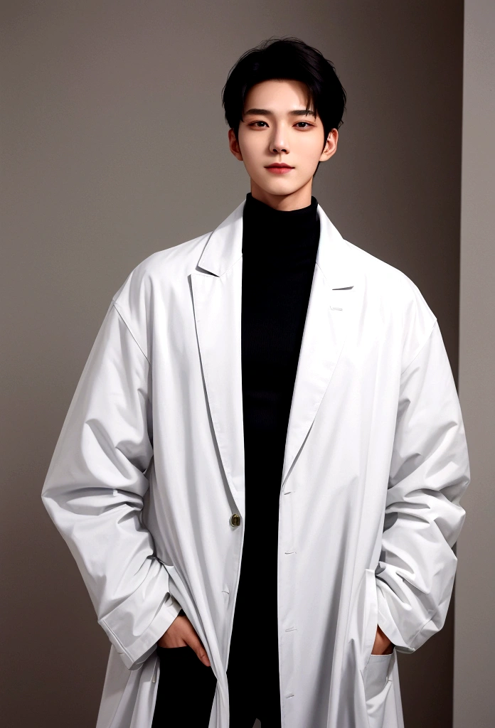 Top quality, super detailed,, (Korean), long body, (black turtleneck)), clean lab, (beautiful), (long body)), top quality, super detailed, illustration, super detailed view, (realistic), (black hair)), one young man, (all wearing Evian), (researcher in lab coat)), (no glasses), twinks, (fair skin), (knowledgeable), (Korean), long body, (white shirt)), clean lab, (beautiful), shiny hair. Picture an image of a young man wearing a long white parka coat with large front pockets. Under the coat, the man wears a black knit and black pants. The man has medium length black hair and stands with his hands in his coat pockets, exuding a calm and confident demeanor. He looks straight into the camera with his eyes narrowed and smiling gently. The background is light and white, giving the image a clean and fresh look.
