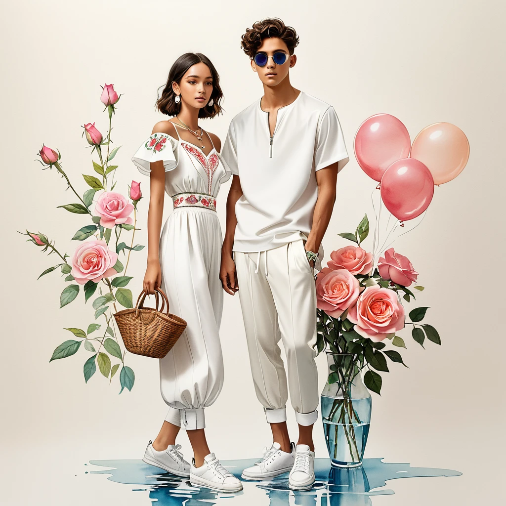 candid fashion illustration of young Mixed race man and woman, both 8 year old, ((showcase fashion look book in a rose and White linen outfits)), the design inspired David Austin Rose, in elegant young chic bohemian style. The man wears an oversized short-sleeved bowling white shirt with a minimal embroidery details, paired with relaxed-fit white Sports pants with Drawstring, He completes his look with white sneakers, round glasses. The woman complements him in a white Calf-length fitted dress in a cotton crêpe weave with a sweetheart neckline, smocked section at the back and a concealed zip at one side. Elbow-length, organza-filled balloon sleeves with covered elasticities over the shoulders and at the cuffs, Her ensemble includes an accessorizes with a brimmed straw bag, wood necklace and white sneakers and necklace. Captured in a low angle, ((full-body image)), ((light rose flower in water color background)), sketching, realistic drawing, ((imperfect water color drawing)), fashion look book, fashion illustrator, sketch design,