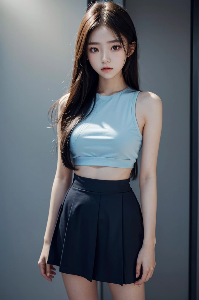 20 year old girl, blue top, short skirt, long hair, high contrast (Natural skin texture, Hyperrealism, Soft Light, sharp), portrait, standing, korean