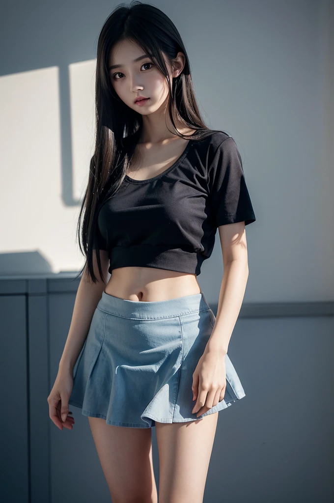 20 year old girl, blue top, short skirt, long hair, high contrast (Natural skin texture, Hyperrealism, Soft Light, sharp), portrait, standing, korean