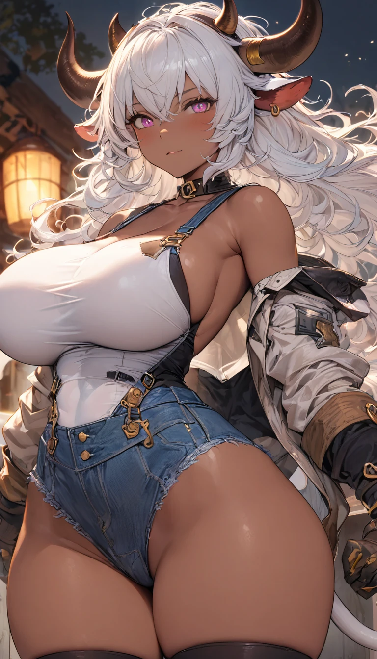 best quality,4k,8k, highres, masterpiece:1.2), extremely detailed eyes, extremely detailed body, (large masterpiece digital art), (detailed manga illustration), (detailed line art), ((perfect anatomy)), (intricate details:1.3), (ultra-detailed:1.3), (illustration:1.3), (sharp focus:1.3), (natural lighting:1.05), (vivid colors:1.3), (masterpiece), (best quality:1.4), (perfect anatomy:1.4), high quality, expressive eyes, full body, tall girl, detailed face, beautiful face, perfect face, detailed ((white hair)), (black hair), (pink eyes), {{dark skin}}, ({dark skinned female}), cow girl, gigantic breasts, thick thighs, very long hair, bare shoulders, denim, (blue overalls), overalls, dynamic lighting, cow print, high resolution, 4k resolution, dynamic pose, silver jewelry, {fantasy farm background}, choker, (cow ears), {{cow tail}}, (tail), ((streaked hair)), wide hips, thighhighs, horns, {cow horns}, animal ears, skin dentation, curvy, plump, cinematic lighting, dramatic atmosphere, Beautiful woman, Jeff Bridges, ((cartoon style)), Marvel Cinematic Universe style, (((farm in the background))), soft bokeh of Japan, Atey Ghailan, Jeremy Mann, Greg Manchess, Antonio Moro, trend in ArtStation, trend in CGSociety, Intricate, High Detail, Sharp focus, dramatic and photorealistic painting art by Midjourney and Greg Rutkowsk