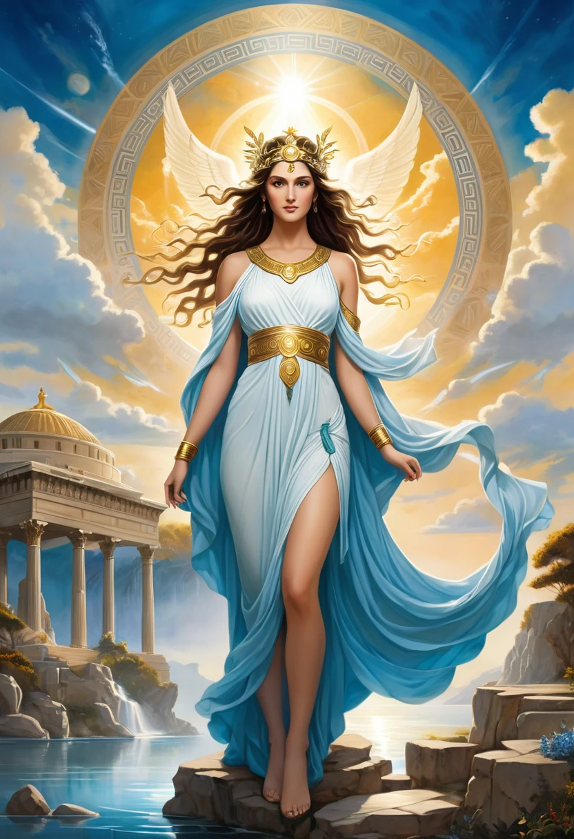 "Imagine an AI-generated artwork of a mythical Greek goddess. Imagine her draped in ethereal robes adorned with symbols of classical antiquity., embodying divine grace and beauty. Surround her with an aura of heavenly light., with a backdrop reminiscent of ancient Greek landscapes, combining its contemporary charm with the timeless elegance of Greek mythology. Use a harmonious color palette that reflects both the richness of your heritage and the allure of a mythological kingdom.. The final image should be a visual ode to her as a modern goddess., Seamlessly fusing the worlds of cinema and ancient mythology.."