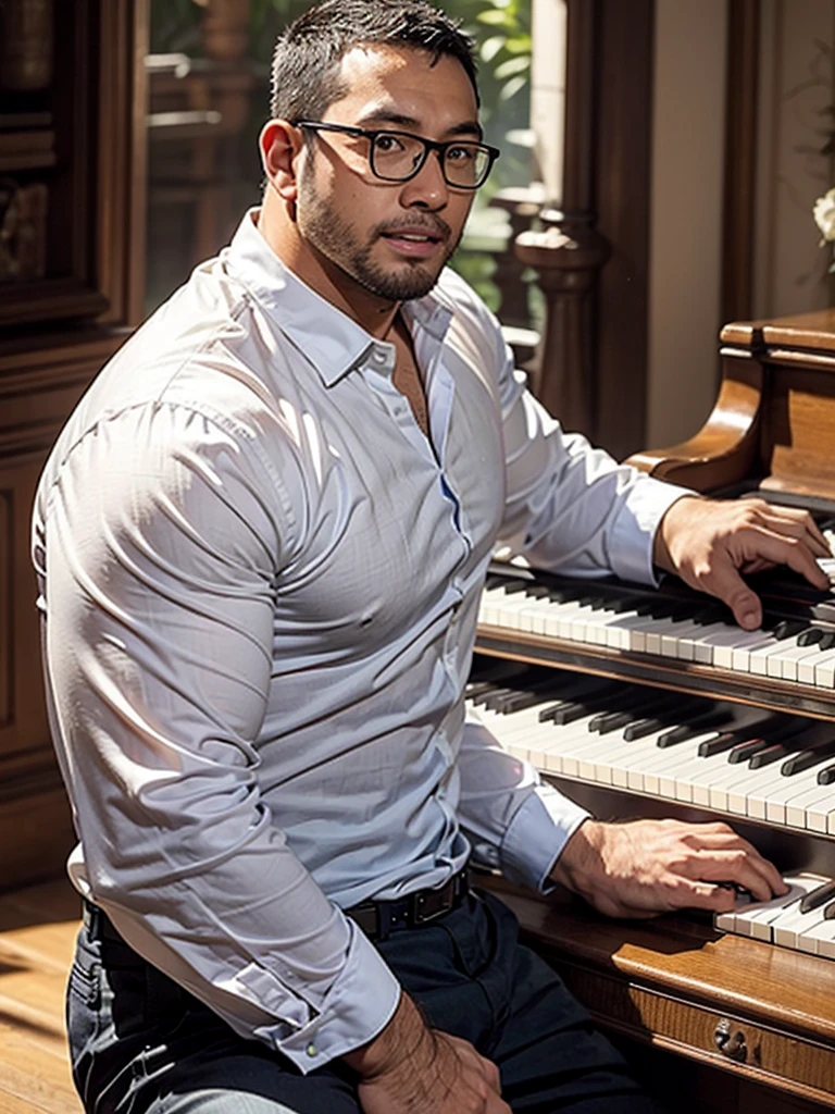 crew cut, (((full body))), (((landscape))), mature man, [slightly fat], asian man, rounded face, brown eyes, ((rounded face)), glasses, balding, 1boy, Solo, (big shoulders), musculature, (((stubbles, Short beard))),  playing piano, in a living room,