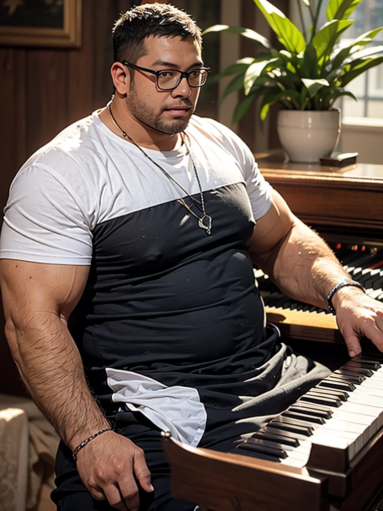 crew cut, (((full body))), (((landscape))), mature man, [slightly fat], asian man, rounded face, brown eyes, ((rounded face)), glasses, balding, 1boy, Solo, (big shoulders), musculature, (((stubbles, Short beard))),  playing piano, in a living room,