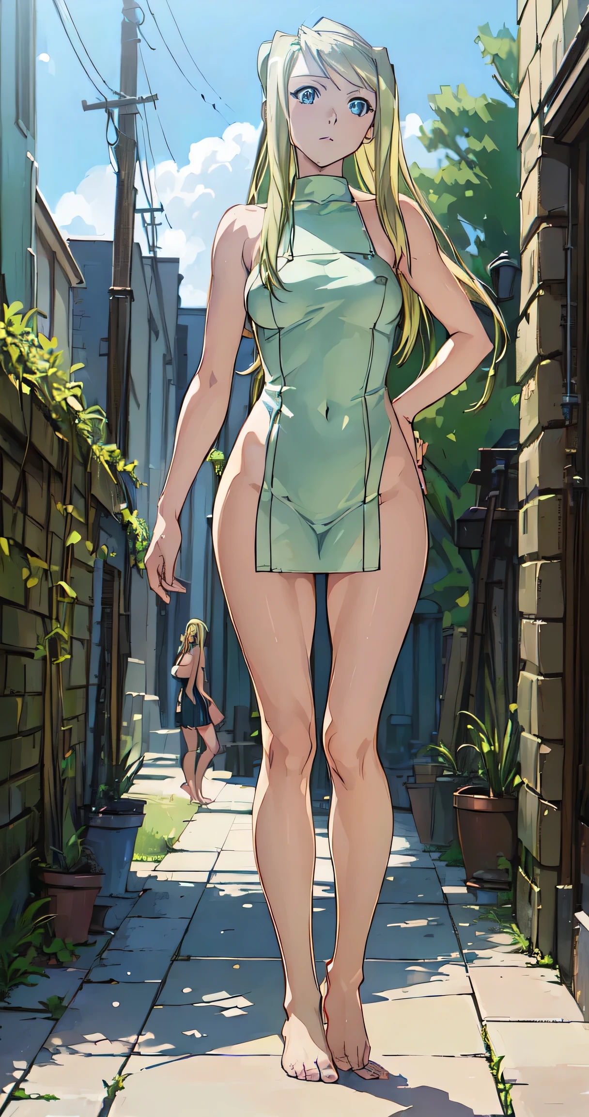 adult content, explicit content, masterpiece, best quality, (realistic image:1.5), 1girl, winry_rockbell, blonde hair, blue eyes, solo, looking at viewer, ligne claire, , Utopian/Post-scarcity, , Hiromu Arakawa's_style, (full body image:1.5), (Winry standing up against a wall with sexy dress that shows naked boobs:1.5), (Winry is tiptoed barefoot:1.5)
