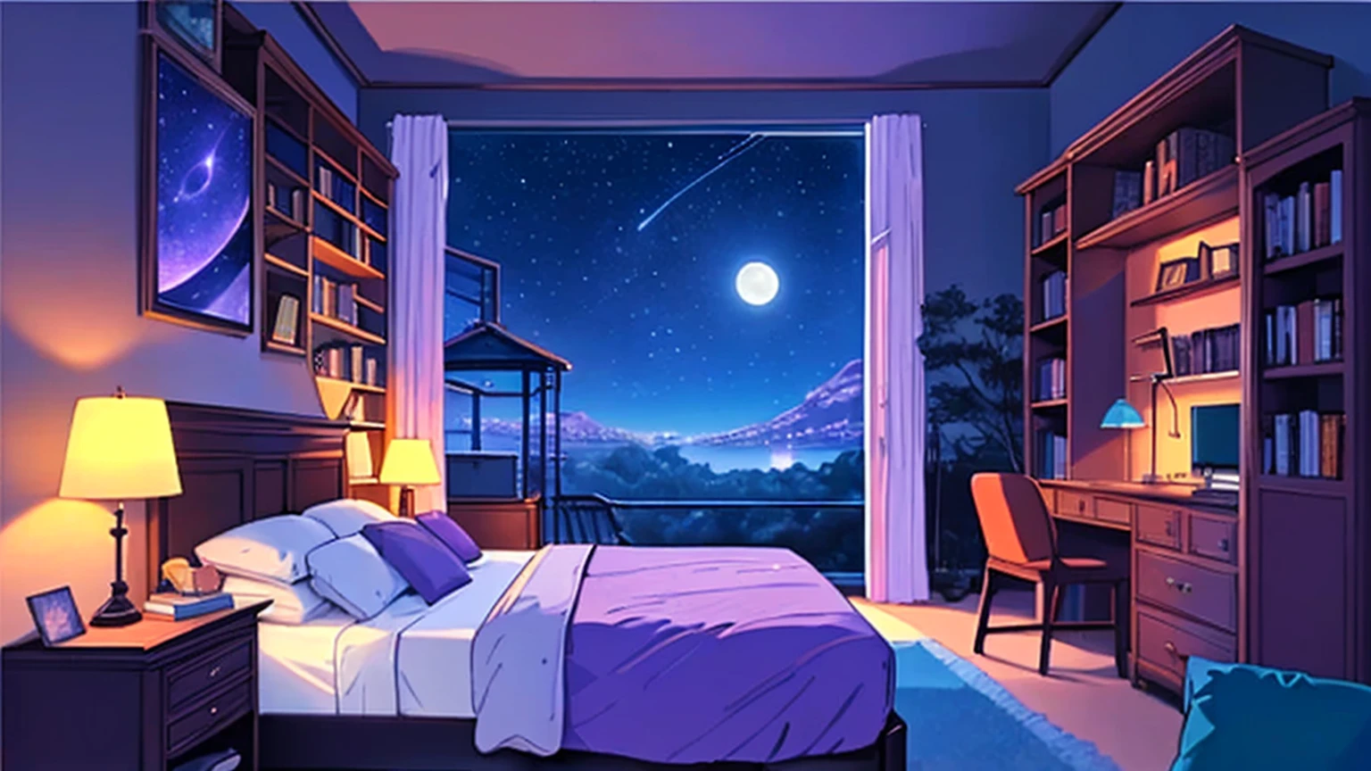 A bedroom, bed in the room, Books on shelf, comfort, Night vision, starry sky, Moonlight, big windows, cozy landscape cheered up style, cheered up, High Definition, high quality, high detail, super detail, Masterpiece, At night, synth wave colors, purple and blue closed doors