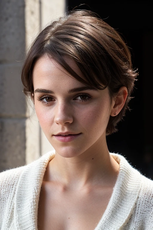 instagram photo, 21yo french woman, short hair, black hair, closeup portrait, sweater, cleavage, pale, hard shadows, Emma Watson 