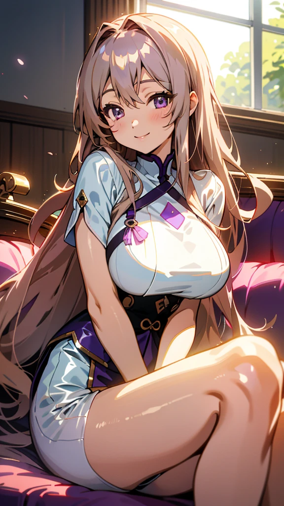 1 girl、anime style、美しい light brown hair、beautiful purple beautiful eyes、long hair、transparent hair、translucent hair、big and full breasts、smile、expression of strong pleasure、Western-style room、sofa、morning、Lens flare、shiny, Glossy skin、sexy costume