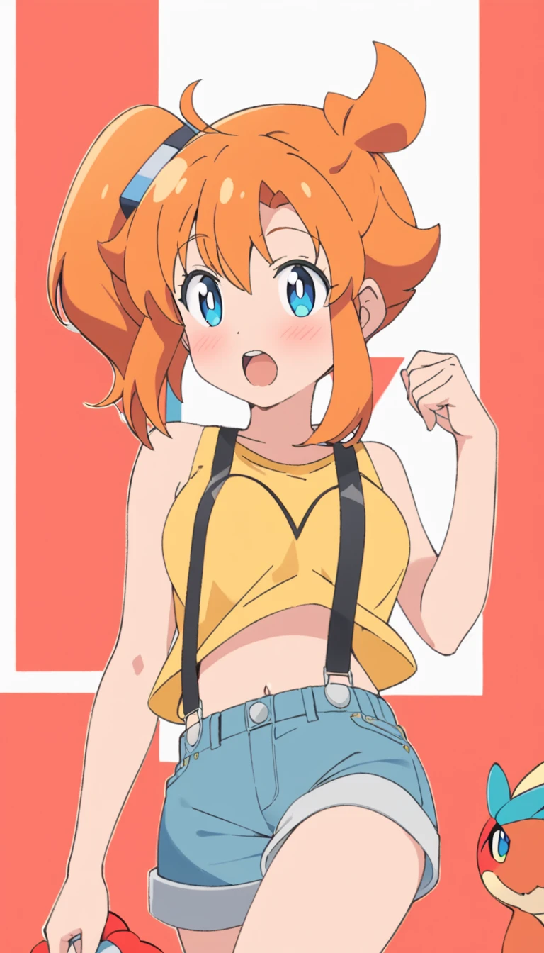 score_9, score_8_up, score_7_up, score_6_up, score_5_up, zPDXL2, max detail, 4k wallpaper, masterpiece, best quality, absurdres, highres, source_anime, PokemonStyle, pokemon \(anime\), pokemon \(classic anime\), flat color,
1girl, solo, misty (pokemon),pokemon, open mouth, orange hair, blue eyes, upper body, suspenders, side ponytail, breasts, teeth, blush, outline, shirt, short hair, yellow shirt,navel,shorts,white background, simple background, sleeveless, bangs, looking to the front, upper teeth only, bright pupils, bare shoulders, sleeveless shirt, tongue