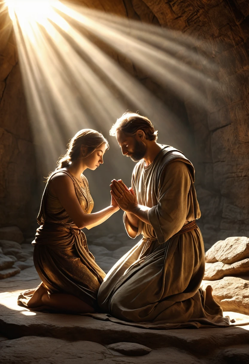 Domain expansion, holy dungeon blessed god of the sun,Imagine a high resolution, photorealistic image that exquisitely captures a person genuinely praying. The person is kneeling with both hands carefully joined together, in a gesture of deep devotion. The backlight is absolutely realistic, emanating from a heavenly source and filling the scene with a gentle, Natural brightness. Every detail of the picture is offered, from the wrinkles on the person's hands to the subtle nuances of shadow and light on their face. Image quality is exceptional, with textures, Cores and details that seem to pop out of the screen. This image is a stunning representation of faith and spirituality, able to touch the heart of whoever contemplates it.Create an original character design sheet,pristress girl , holy maiden , praing , crystal white armor , white hair , crystal clear blindfold,octane render, best quality ,looking up to the gods