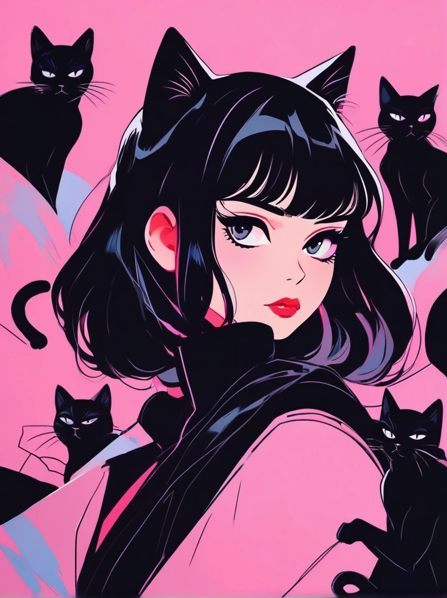 Anime girl with black cat on pink background, Goth Cat Girl Portrait, Catwoman, Anime-style illustrations, Anime style 4K, Anime style portrait, Ilya Kuvshinov's sty. 4K, Catwoman, Artyom and Ilya Kuvshinov, Emo girl and her , Beautiful anime cat girl, Anime Style, Anime Style. 8K