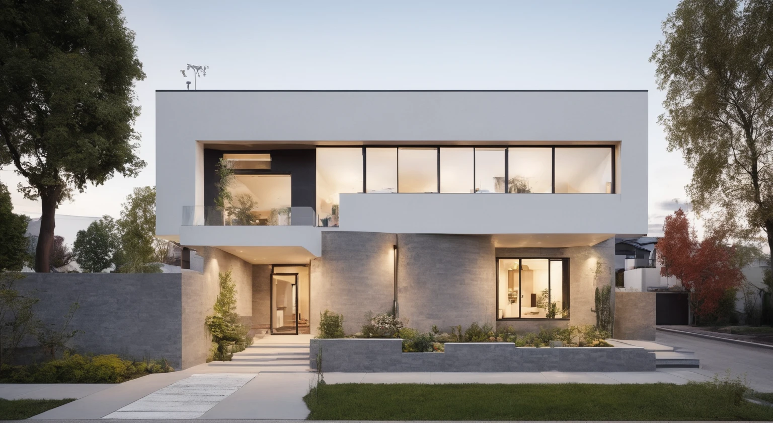 Modern two-story house, minimalist architecture. Strong lines, bright colors, interior lights. There are roads, cars, and people ahead. Surrounded by city views, with sidewalk trees. Afternoon light, mild sunshine. Gray stone wall, white wall paint