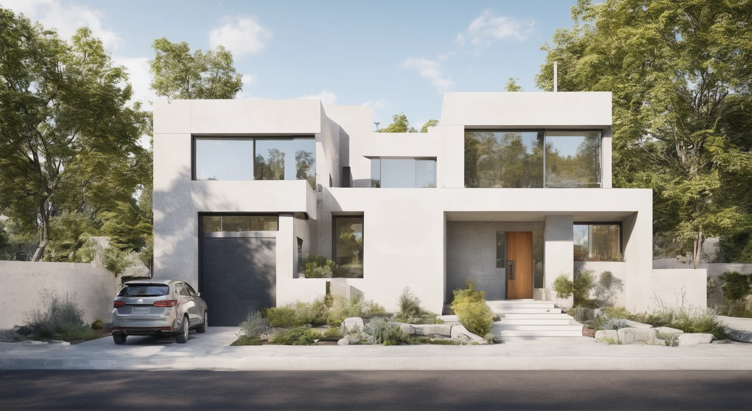 Modern two-story house, minimalist architecture. Strong lines, bright colors, interior lights. There are roads, cars, and people ahead. Surrounded by city views, with sidewalk trees. Afternoon light, mild sunshine. Gray stone wall, white wall paint
