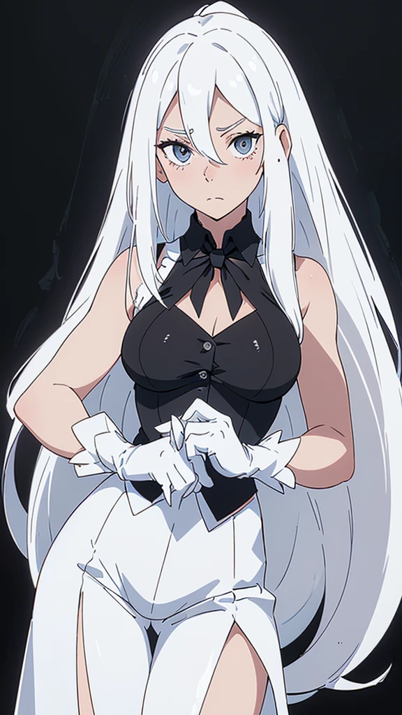 ((White hair)),((Head and Shoulders Image)),(super-long hair),Sexy,A person,Alone,Simple style,pancake ,Simple details,Black background,Empty background,Black background wall,(20 year old woman),(Cotehardie),(White Gloves),Lace Shirt,Waistcoat,((Shy)), NSFW , bare chest, nipples sticking out