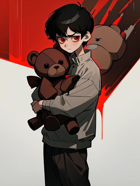 old man with short black hair melancholic red eyes wearing gray clothes and carrying a brown teddy bear