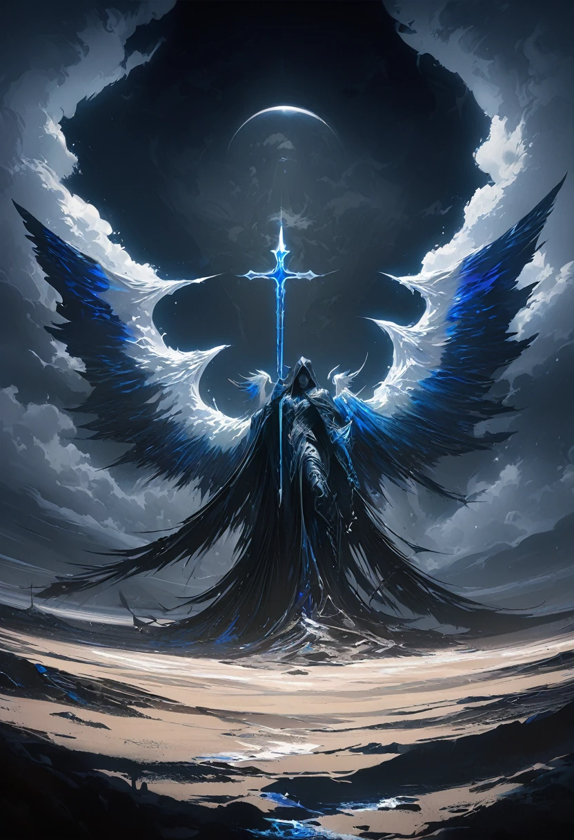 (masterpiece, best quality: 1.2), Underground Angel, Folding wings, Holding a blue silver cross, moonlight, heavily clouded, Dark fantasy illustration style, Dark Arts, High contrast, Dark Shadows, Atmospheric perspective , Melancholic colors, Composition, Volumetric Lighting, number, Brushstrokes, Dramatic Lighting, Low Angle, Surrealism, Very detailed, Surrealism