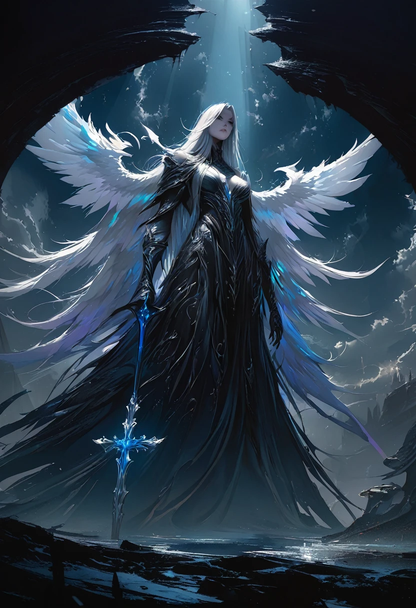 (masterpiece, best quality: 1.2), Underground Angel, Folding wings, Holding a blue silver cross, moonlight, heavily clouded, Dark fantasy illustration style, Dark Arts, High contrast, Dark Shadows, Atmospheric perspective , Melancholic colors, Composition, Volumetric Lighting, number, Brushstrokes, Dramatic Lighting, Low Angle, Surrealism, Very detailed, Surrealism