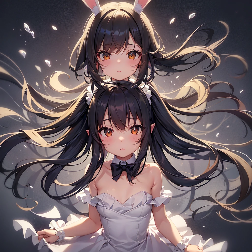 ((Bunny girl)),(Dropped ears),Cute little ,Tiny ,Small girl,,Childish face, Very fine clean face,Top quality,Black Hair,(Dark Room), Subtle light, Natural light,Soft lighting,Light from directly behind, (Are standing),With bust up,Front view,Black background