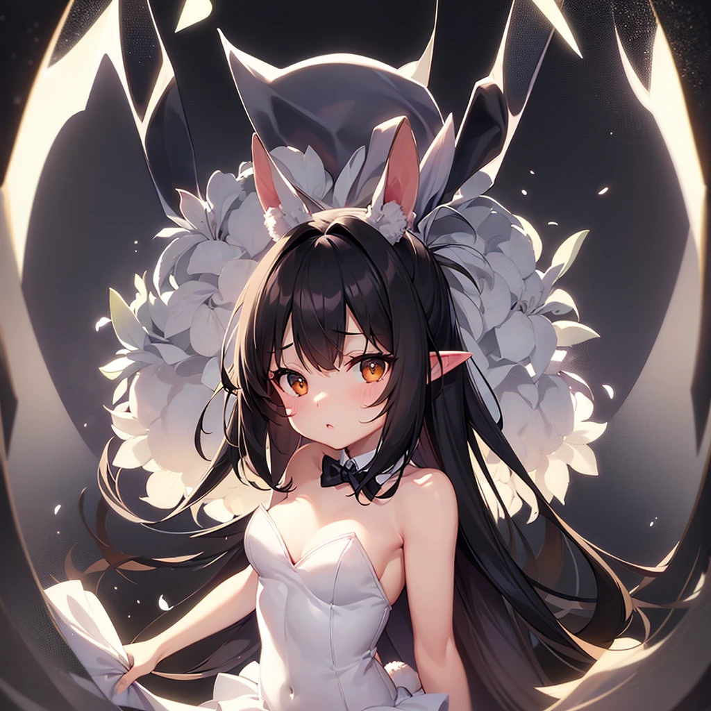 ((Bunny girl)),(Dropped ears),Cute little ,Tiny ,Small girl,,Childish face, Very fine clean face,Top quality,Black Hair,(Dark Room), Subtle light, Natural light,Soft lighting,Light from directly behind, (Are standing),With bust up,Front view,Black background