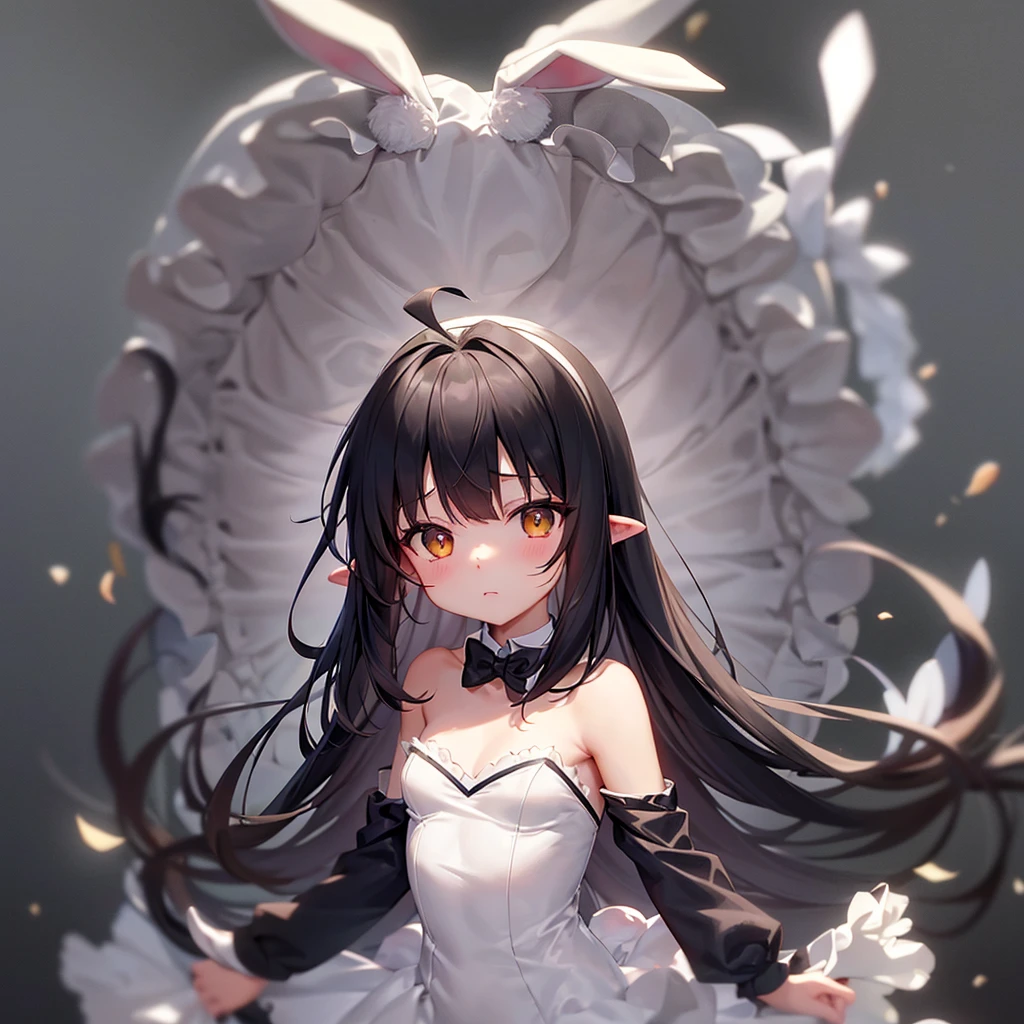 ((Bunny girl)),(Dropped ears),Cute little ,Tiny ,Small girl,,Childish face, Very fine clean face,Top quality,Black Hair,(Dark Room), Subtle light, Natural light,Soft lighting,Light from directly behind, (Are standing),With bust up,Front view,Black background