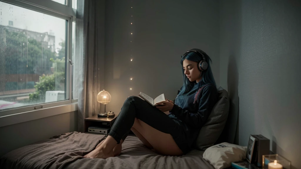 A young girl sits comfortably in her room, wearing futuristic headphones and reading a book while listening to music. Outside the window, heavy rain is falling, creating a peaceful and serene atmosphere. The room's details show modern furniture and futuristic decor with soft lighting. This image should be a masterpiece in 8K resolution, capturing every detail vividly and clearly. blue hair. pink headphone.

